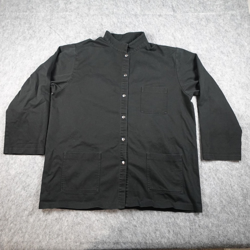 Eileen Fisher Top Women Large Black Cotton Stretch Snap Front Mandarin Collar
